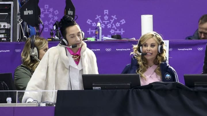 GANGNEUNG, SOUTH KOREA - FEBRUARY 15: Johnny Weir and Tara Lipinski comment for NBC the Figure Skating Pair Skating Free Program on day six of the PyeongChang 2018 Winter Olympic Games at Gangneung Ice Arena on February 15, 2018 in Gangneung, Pyeongchang, South Korea. (Photo by Jean Catuffe/Getty Images)