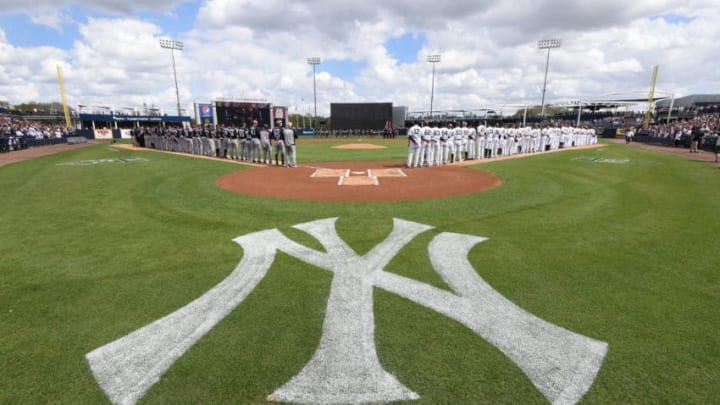TAMPA, FL - FEBRUARY 23: A general view of George M. Steinbrenner Field as players and coaches from the Detroit Tigers and the New York Yankees line-up during the National Anthem prior to the Spring Training game at George M. Steinbrenner Field on February 23, 2018 in Tampa, Florida. The Yankees defeated the Tigers 3-1. (Photo by Mark Cunningham/MLB Photos via Getty Images)
