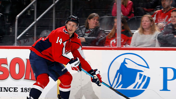 NEWARK, NJ – DECEMBER 20: Richard Panik #14 of the Washington Capitals skates during an NHL hockey game against the New Jersey Devils on November 20, 2019 at the Prudential Center in Newark, New Jersey. Capitals won 6-3. Devils wore their 1980’s heritage uniforms. (Photo by Paul Bereswill/Getty Images)