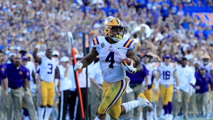 GAINESVILLE, FL - OCTOBER 06: Nick Brossette #4 of the LSU Tigers runs for yardage during the game against the Florida Gators at Ben Hill Griffin Stadium on October 6, 2018 in Gainesville, Florida. (Photo by Sam Greenwood/Getty Images)