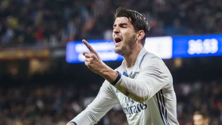 MADRID, SPAIN - JANUARY 29: Alvaro Morata of Real Madrid celebrates during their La Liga match between Real Madrid and Real Sociedad at the Santiago Bernabeu Stadium on 29 January 2017 in Madrid, Spain. (Photo by Power Sport Images/Getty Images)