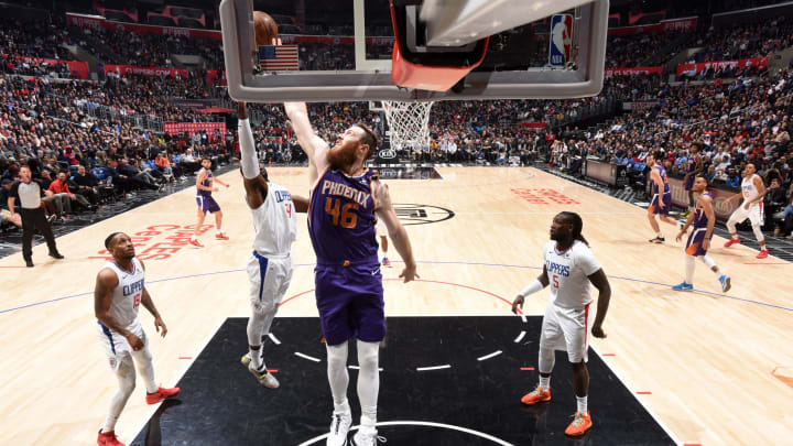LOS ANGELES, CA – DECEMBER 17: Aron Baynes #46 of the Phoenix Suns blocks the ball against the LA Clippers on December 17, 2019 at STAPLES Center in Los Angeles, California. NOTE TO USER: User expressly acknowledges and agrees that, by downloading and/or using this Photograph, user is consenting to the terms and conditions of the Getty Images License Agreement. Mandatory Copyright Notice: Copyright 2019 NBAE (Photo by Andrew D. Bernstein/NBAE via Getty Images)