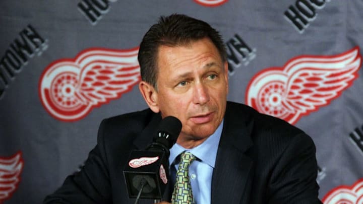 DETROIT - OCTOBER 12: Executive Vice President and General Manager, Ken Holland of the Detroit Red Wings address the media during a press conference to announce the retirement from hockey of Kirk Maltby #18 before a NHL game against the Colorado Avalanche at Joe Louis Arena on Friday October 12, 2010 in Detroit, Michigan. (Photo by Dave Reginek/NHLI via Getty Images)