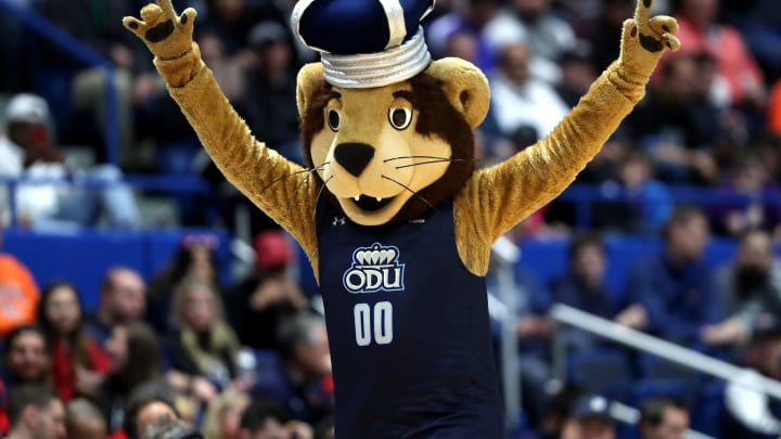 HARTFORD, CONNECTICUT – MARCH 21: The Old Dominion Monarchs mascot reacts in the first half against the Purdue Boilermakers during the 2019 NCAA Men’s Basketball Tournament at XL Center on March 21, 2019 in Hartford, Connecticut. (Photo by Rob Carr/Getty Images)
