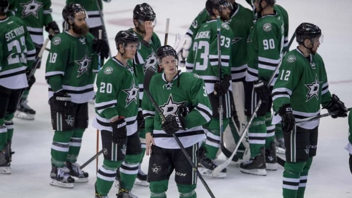 May 11, 2016; Dallas, TX, USA; The Dallas Stars watch the St. Louis Blues players celebrate after winning game seven of the second round of the 2016 Stanley Cup Playoffs at American Airlines Center. The Blues won 6-1. Mandatory Credit: Jerome Miron-USA TODAY Sports