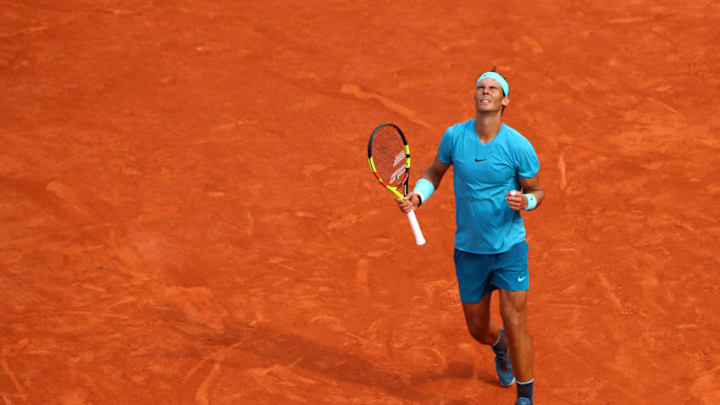 PARIS, FRANCE - JUNE 10: Rafael Nadal of Spain celebrates during the mens singles final against Dominic Thiem of Austria during day fifteen of the 2018 French Open at Roland Garros on June 10, 2018 in Paris, France. (Photo by Cameron Spencer/Getty Images)