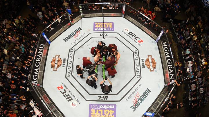 LAS VEGAS, NV - MARCH 05: An overhead view of the Octagon of Conor McGregor and Nate Diaz facing off before their welterweight bout during the UFC 196 event inside MGM Grand Garden Arena on March 5, 2016 in Las Vegas, Nevada. (Photo by Josh Hedges/Zuffa LLC/Zuffa LLC via Getty Images)