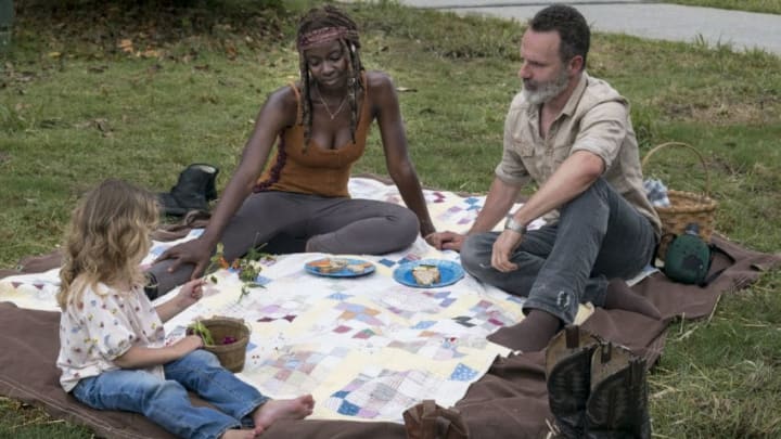 Andrew Lincoln as Rick Grimes, Danai Gurira as Michonne, Chloe Garcia-Frizzi as Judith Grimes - The Walking Dead _ Season 9, Episode 3 - Photo Credit: Gene Page/AMC