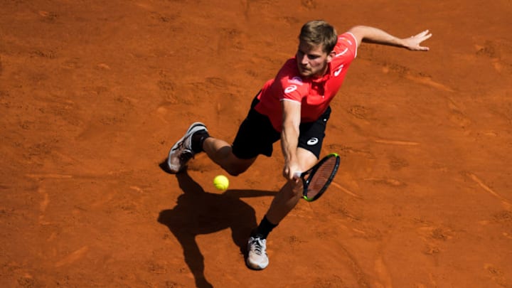 BARCELONA, SPAIN - APRIL 24: David Goffin of Belgium plays a backhand against Marcel Granollers of Spain in their match during day three of the Barcelona Open Banc Sabadell on April 24, 2018 in Barcelona, Spain. (Photo by Alex Caparros/Getty Images)
