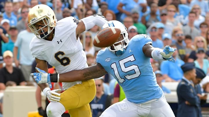 CHAPEL HILL, NC - OCTOBER 07: Donnie Miles #15 of the North Carolina Tar Heels defends a pass to Equanimeous St. Brown #6 of the Notre Dame Fighting Irishduring the game at Kenan Stadium on October 7, 2017 in Chapel Hill, North Carolina. (Photo by Grant Halverson/Getty Images)