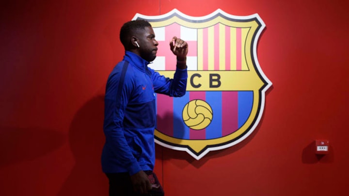 EIBAR, SPAIN - OCTOBER 19: Samuel Umtiti of FC Barcelona arrives to the stadium during the Liga match between SD Eibar SAD and FC Barcelona at Ipurua Municipal Stadium on October 19, 2019 in Eibar, Spain. (Photo by Juan Manuel Serrano Arce/Getty Images)