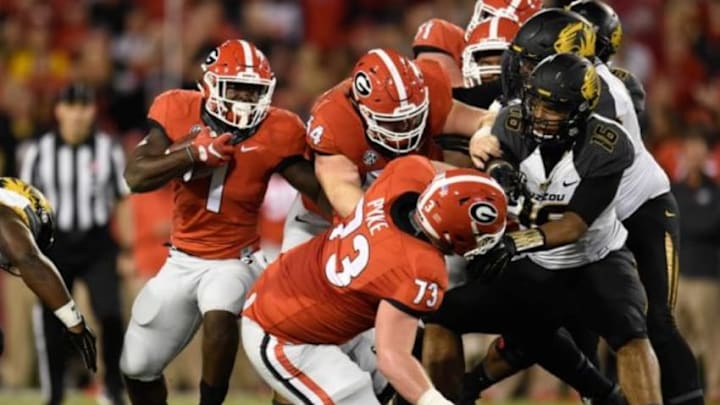 Oct 17, 2015; Athens, GA, USA; Georgia Bulldogs running back Sony Michel (1) runs with the ball against the Missouri Tigers during the first quarter at Sanford Stadium. Mandatory Credit: Dale Zanine-USA TODAY Sports