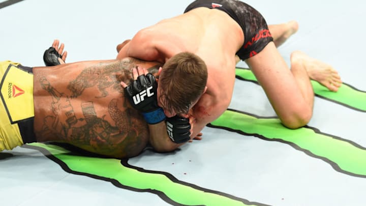 UTICA, NY - JUNE 01: (R-L) Nathaniel Wood of England attempts a submission against Johnny Eduardo of Brazil in their bantamweight fight during the UFC Fight Night event at the Adirondack Bank Center on June 1, 2018 in Utica, New York. (Photo by Josh Hedges/Zuffa LLC/Zuffa LLC via Getty Images)