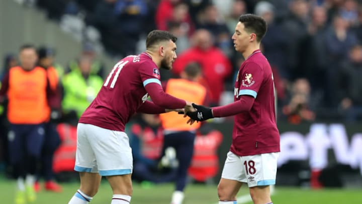 LONDON, ENGLAND - JANUARY 05: Samir Nasri is replaced by Robert Snodgrass of West Ham United during the FA Cup Third Round match between West Ham United and Birmingham City at The London Stadium on January 5, 2019 in London, United Kingdom. (Photo by Alex Morton/Getty Images)
