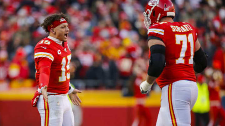 KANSAS CITY, MO – JANUARY 19: Patrick Mahomes #15 of the Kansas City Chiefs congratulates Mitchell Schwartz #71 of the Kansas City Chiefs after a first quarter touchdown in the AFC Championship game against the Tennessee Titans at Arrowhead Stadium on January 19, 2020 in Kansas City, Missouri. (Photo by David Eulitt/Getty Images)