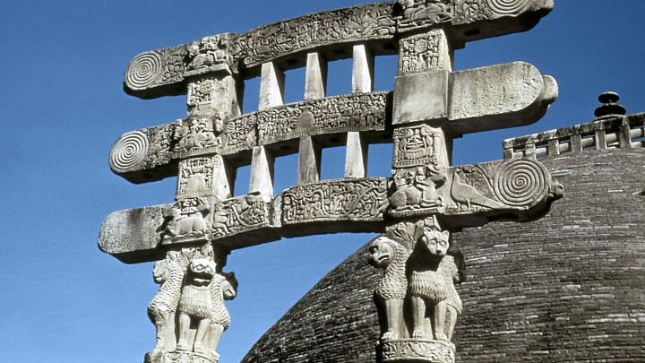 South gate (torana) architraves of the Great Stupa, Sanchi, India, 75-50 BC. Photograph. (Photo by Ann Ronan Pictures/Print Collector/Getty Images)