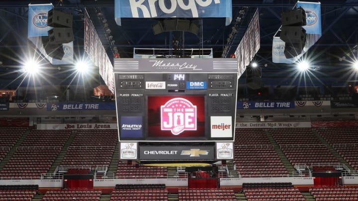 Nov 26, 2016; Detroit, MI, USA; A view of the inside of Joe Louis Arena in its farewell season before the start of the Detroit Red Wings game against the Montreal Canadiens. The Red Wings are playing their last season at Joe Louis Arena before the team moves to Little Caesars Arena next season. Mandatory Credit: Tom Szczerbowski-USA TODAY Sports