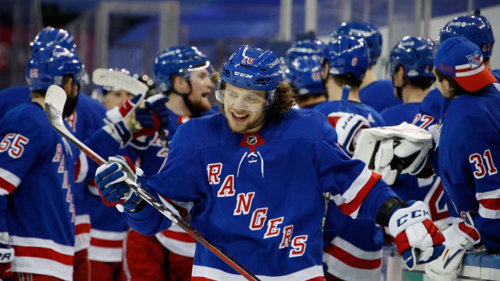 Jan 16, 2021; New York, New York, USA; New York Rangers left wing Artemi Panarin (10) celebrates after scoring a first period goal against the New York Islanders at Madison Square Garden. Mandatory Credit: Bruce Bennett /POOL PHOTOS-USA TODAY Sports