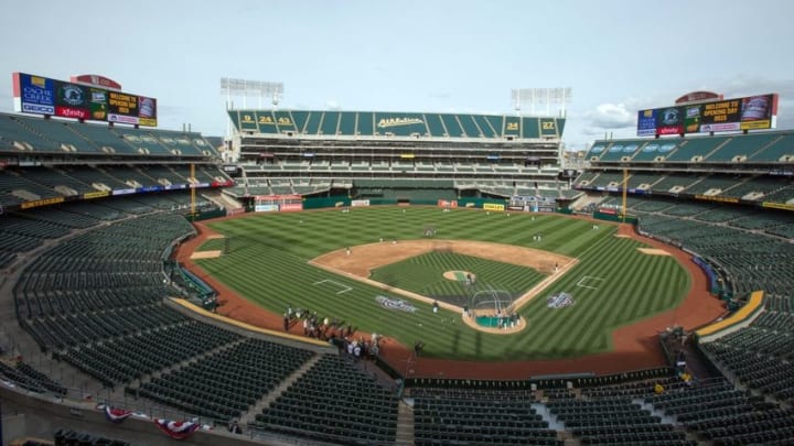 Apr 6, 2015; Oakland, CA, USA; General view before the game between the Oakland Athletics and the Texas Rangers at O.co Coliseum. Mandatory Credit: Kelley L Cox-USA TODAY Sports