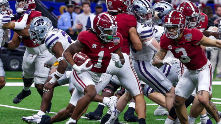 Dec 31, 2022; New Orleans, LA, USA; Alabama Crimson Tide running back Jahmyr Gibbs (1) runs the ball against the Kansas State Wildcats during the first half in the 2022 Sugar Bowl at Caesars Superdome. Mandatory Credit: Stephen Lew-USA TODAY Sports