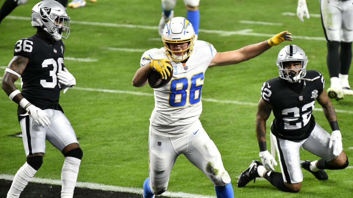 LAS VEGAS, NEVADA – DECEMBER 17: Hunter Henry #86 of the Los Angeles Chargers celebrates after scoring a 10-yard touchdown against the Las Vegas Raiders during the first half of the game at Allegiant Stadium on December 17, 2020, in Las Vegas, Nevada. (Photo by Chris Unger/Getty Images)