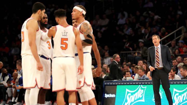 NEW YORK, NY - OCTOBER 13: Jeff Hornacek of the New York Knicks communicates to his team in the second half against the Washington Wizards during their Pre Season game at Madison Square Garden on October 13, 2017 in New York City. (Photo by Abbie Parr/Getty Images)