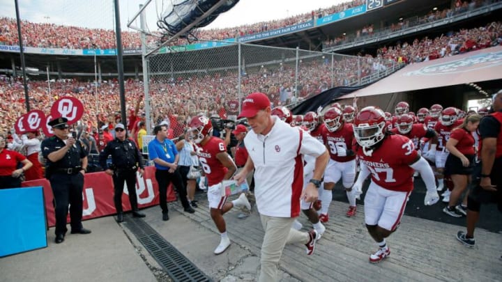 Oklahoma Sooners head coach Brent Venables leads his team out of the tunnel before the Red River Showdown college football game between the University of Oklahoma (OU) and Texas at the Cotton Bowl in Dallas, Saturday, Oct. 8, 2022. Texas won 49-0.Ct 8093