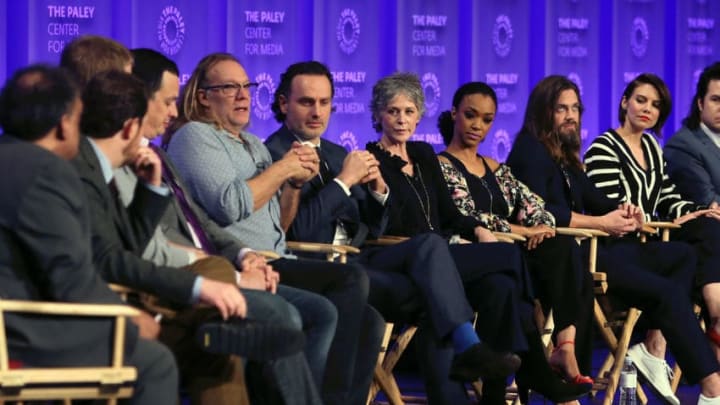 HOLLYWOOD, CA - MARCH 17: (L-R) Moderator Greg Braxton, executive producers Scott M. Gimple, Robert Kirkman, David Alpert, and Greg Nicotero and actors Andrew Lincoln, Melissa McBride, Sonequa Martin-Green, Tom Payne, Lauren Cohan and Josh McDermitt appear on stage at The Paley Center for Media's 34th Annual PaleyFest Los Angeles opening night presentation of 'The Walking Dead' at Dolby Theatre on March 17, 2017 in Hollywood, California. (Photo by David Livingston/Getty Images)