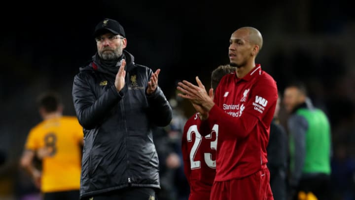 WOLVERHAMPTON, ENGLAND - JANUARY 07: Jurgen Klopp manager of Liverpool and Fabinho of Liverpool applaud after the Emirates FA Cup Third Round match between Wolverhampton Wanderers and Liverpool at Molineux on January 7, 2019 in Wolverhampton, United Kingdom. (Photo by Catherine Ivill/Getty Images)