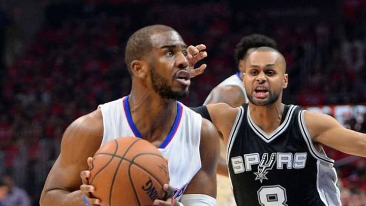 May 2, 2015; Los Angeles, CA, USA; San Antonio Spurs guard Patty Mills (8) guards Los Angeles Clippers guard Chris Paul (3) in the first half of game seven of the first round of the NBA Playoffs at Staples Center. Mandatory Credit: Jayne Kamin-Oncea-USA TODAY Sports May 2, 2015; Los Angeles, CA, USA; San Antonio Spurs guard Patty Mills (8) guards Los Angeles Clippers guard Chris Paul (3) in the first half of game seven of the first round of the NBA Playoffs at Staples Center. Mandatory Credit: Jayne Kamin-Oncea-USA TODAY Sports