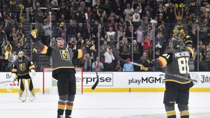 LAS VEGAS, NEVADA - OCTOBER 17: Mark Stone #61 and Jonathan Marchessault #81 of the Vegas Golden Knights celebrate after defeating the Ottawa Senators in a shootout at T-Mobile Arena on October 17, 2019 in Las Vegas, Nevada. (Photo by Jeff Bottari/NHLI via Getty Images)