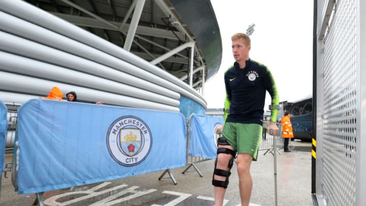 MANCHESTER, ENGLAND - AUGUST 26: Kevin De Bruyne of Manchester City during Manchester City Open Training Session at Manchester City Football Academy on August 26, 2018 in Manchester, England. (Photo by Manchester City FC/Man City via Getty Images)