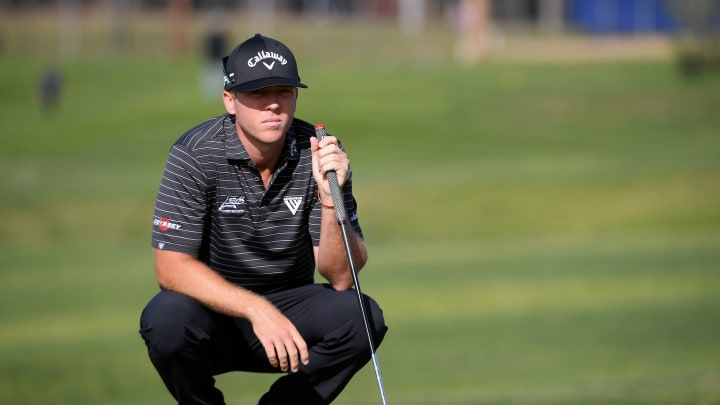 Jan 28, 2021; San Diego, California, USA; Talor Gooch looks on during the first round of the Farmers Insurance Open golf tournament at Torrey Pines Municipal Golf North Course. Mandatory Credit: Orlando Ramirez-USA TODAY Sports