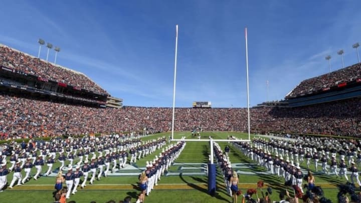 Nov 14, 2015; Auburn, AL, USA; General view as the marching band takes the field prior to the game between the Auburn Tigers and the Georgia Bulldogs at Jordan Hare Stadium. Mandatory Credit: Shanna Lockwood-USA TODAY Sports