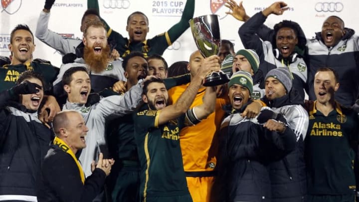 Nov 29, 2015; Dallas, TX, USA; Portland Timbers players celebrate winning the Western Conference championship against FC Dallas at Toyota Stadium. The matched ends in 2-2 draw. The Timbers advance on aggregate goals. Mandatory Credit: Tim Heitman-USA TODAY Sports