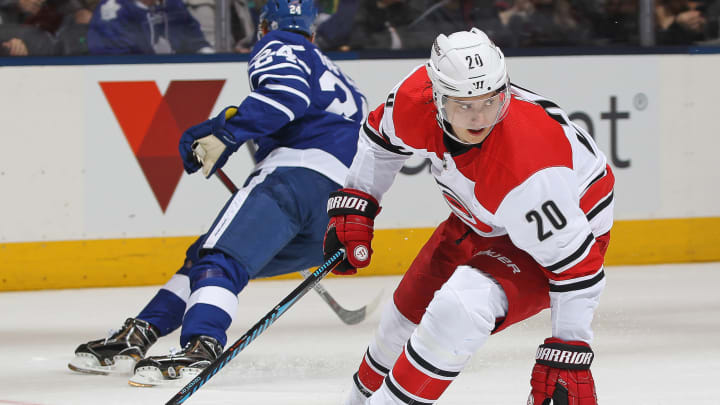 TORONTO,ON – DECEMBER 19: Sebastian Aho #20 of the Carolina Hurricanes . (Photo by Claus Andersen/Getty Images)