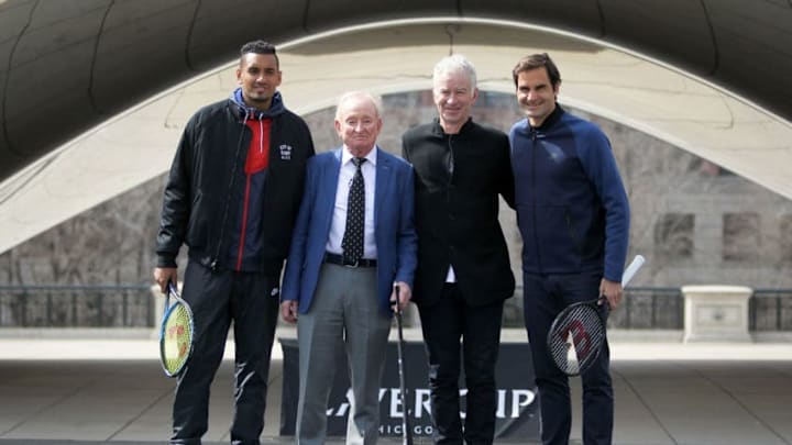 CHICAGO, IL - MARCH 19: Nick Kyrgios of Australia, Rod Laver, John McEnroe, and Roger Federer of Switzerland pose for photos during the Laver Cup 2018 Chicago Launch at Cloud Gate on March 19, 2018 in Chicago, Illinois. (Dylan Buell/Getty Images)