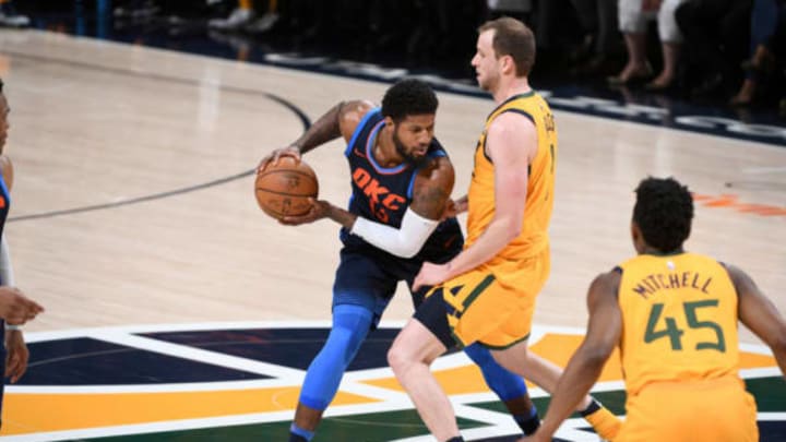 SALT LAKE CITY, UT – APRIL 27: Paul George #13 of the Oklahoma City Thunder handles the ball against the Utah Jazz in Game Six of the Western Conference Quarterfinals during the 2018 NBA Playoffs on April 27, 2018 at Vivint Smart Home Arena in Salt Lake City, Utah. NOTE TO USER: User expressly acknowledges and agrees that, by downloading and/or using this photograph, user is consenting to the terms and conditions of the Getty Images License Agreement. Mandatory Copyright Notice: Copyright 2018 NBAE (Photo by Garrett Ellwood/NBAE via Getty Images)