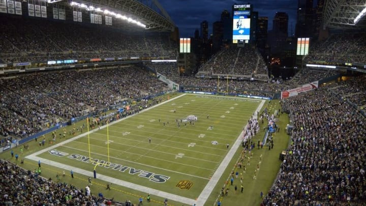 Sep 3, 2015; Seattle, WA, USA; General view of the CenturyLink Field and the downtown Seattle skyline during the NFL game between the Oakland Raiders and the Seattle Seahawks. Mandatory Credit: Kirby Lee-USA TODAY Sports