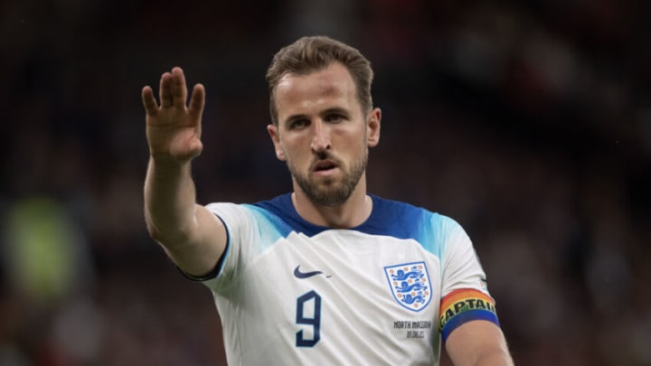 MANCHESTER, ENGLAND - JUNE 19: Harry Kane of England during the UEFA EURO 2024 qualifying round group C match between England and North Macedonia at Old Trafford on June 19, 2023 in Manchester, England. (Photo by Joe Prior/Visionhaus via Getty Images)