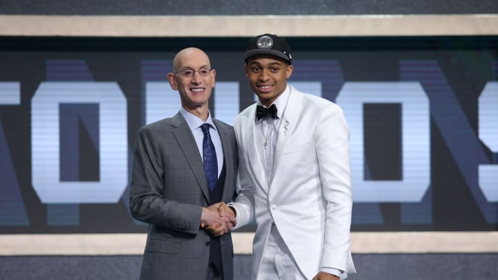 Jun 20, 2019; Brooklyn, NY, USA; Keldon Johnson (Kentucky) greets NBA commissioner Adam Silver after being selected as the number twenty-nine overall pick to the San Antonio Spurs in the first round of the 2019 NBA Draft at Barclays Center. Mandatory Credit: Brad Penner-USA TODAY Sports