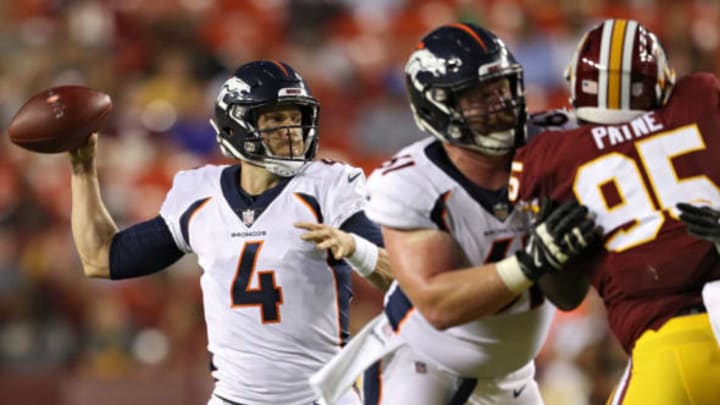 LANDOVER, MD – AUGUST 24: Quarterback Case Keenum #4 of the Denver Broncos looks to pass against the Washington Redskins in the first half during a preseason game at FedExField on August 24, 2018 in Landover, Maryland. (Photo by Patrick Smith/Getty Images)