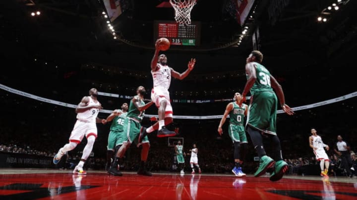 TORONTO, CANADA - OCTOBER 19: Kawhi Leonard #2 of the Toronto Raptors shoots the ball against the Boston Celtics on October 19, 2018 at the Air Canada Centre in Toronto, Ontario, Canada. NOTE TO USER: User expressly acknowledges and agrees that, by downloading and or using this Photograph, user is consenting to the terms and conditions of the Getty Images License Agreement. Mandatory Copyright Notice: Copyright 2018 NBAE (Photo by Mark Blinch/NBAE via Getty Images)