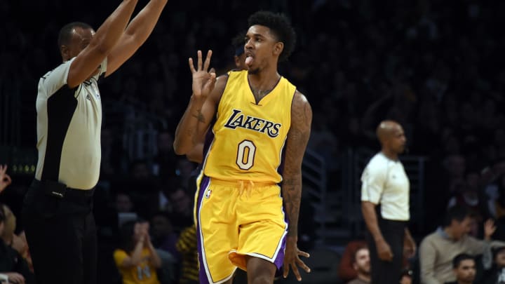 Jan 20, 2017; Los Angeles, CA, USA; Los Angeles Lakers guard Nick Young (0) reacts after a basket during the second quarter against the Indiana Pacers at Staples Center. Mandatory Credit: Richard Mackson-USA TODAY Sports