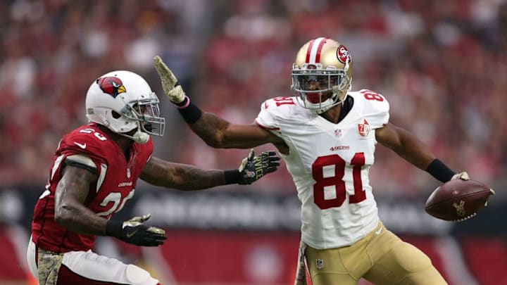 GLENDALE, AZ - NOVEMBER 13: Wide receiver Rod Streater #81 of the San Francisco 49ers stiff arms outside linebacker Deone Bucannon #20 of the Arizona Cardinals during the first half of the NFL football game at University of Phoenix Stadium on November 13, 2016 in Glendale, Arizona. The Cardinals beat the 49ers 23-20. (Photo by Chris Coduto/Getty Images)