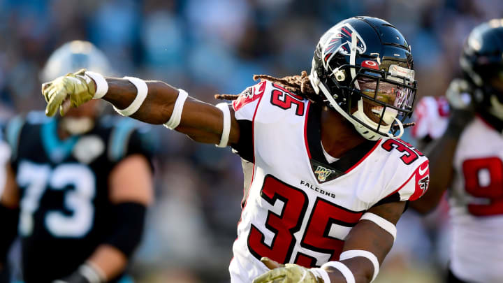 CHARLOTTE, NORTH CAROLINA – NOVEMBER 17: Jamal Carter #35 of the Atlanta Falcons reacts after a defensive play during the third quarter during their game against the Carolina Panthers at Bank of America Stadium on November 17, 2019 in Charlotte, North Carolina. (Photo by Jacob Kupferman/Getty Images)