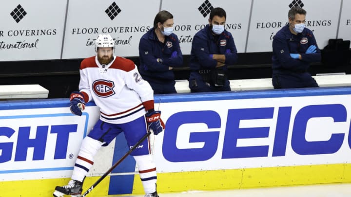 TORONTO, ONTARIO - AUGUST 14: Jeff Petry #26 of the Montreal Canadiens looks on during warm up prior to Game Two of the Eastern Conference First Round against the Philadelphia Flyers during the 2020 NHL Stanley Cup Playoffs at Scotiabank Arena on August 14, 2020 in Toronto, Ontario, Canada. (Photo by Elsa/Getty Images)