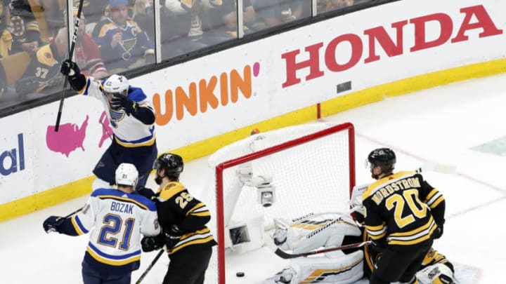 BOSTON, MA - JUNE 06: St. Louis Blues left wing David Perron (57) reacts to scoring the eventual game winner during Game 5 of the Stanley Cup Final between the Boston Bruins and the St. Louis Blues on June 6, 2019, at TD Garden in Boston, Massachusetts. (Photo by Fred Kfoury III/Icon Sportswire via Getty Images)