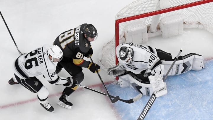LAS VEGAS, NEVADA – MARCH 01: Calvin Petersen #40 of the Los Angeles Kings blocks a shot by Jonathan Marchessault #81 of the Vegas Golden Knights as Sean Walker #26 of the Kings defends in the first period of their game at T-Mobile Arena on March 1, 2020 in Las Vegas, Nevada. (Photo by Ethan Miller/Getty Images)