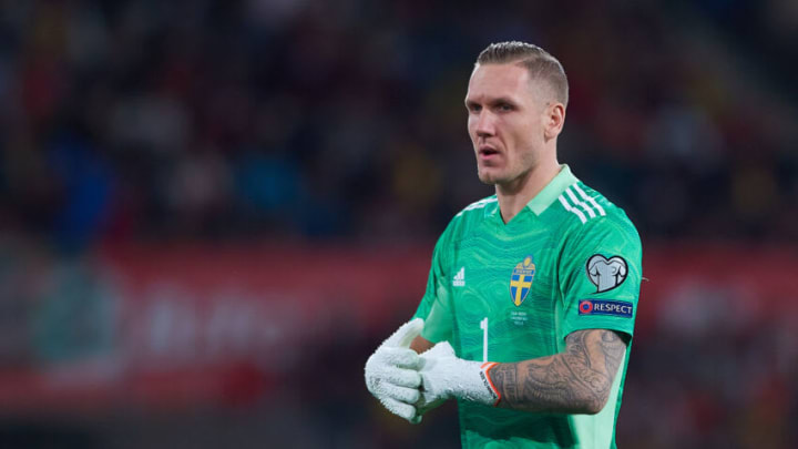 SEVILLE, SPAIN - NOVEMBER 14: Robin Olsen of Sweden looks on during the 2022 FIFA World Cup Qualifier match between Spain and Sweden at Estadio de La Cartuja on November 14, 2021 in Seville, . (Photo by Fran Santiago/Getty Images)